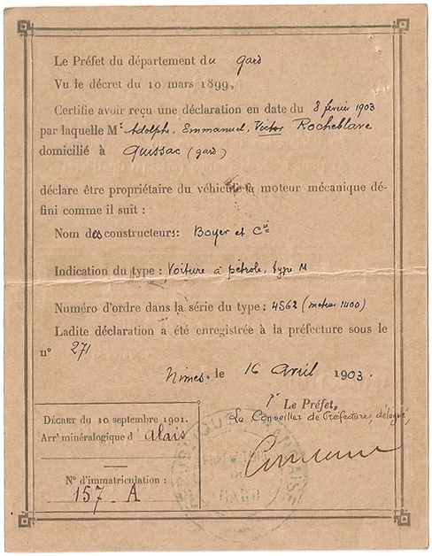 récépissé d’immatriculation de 1903